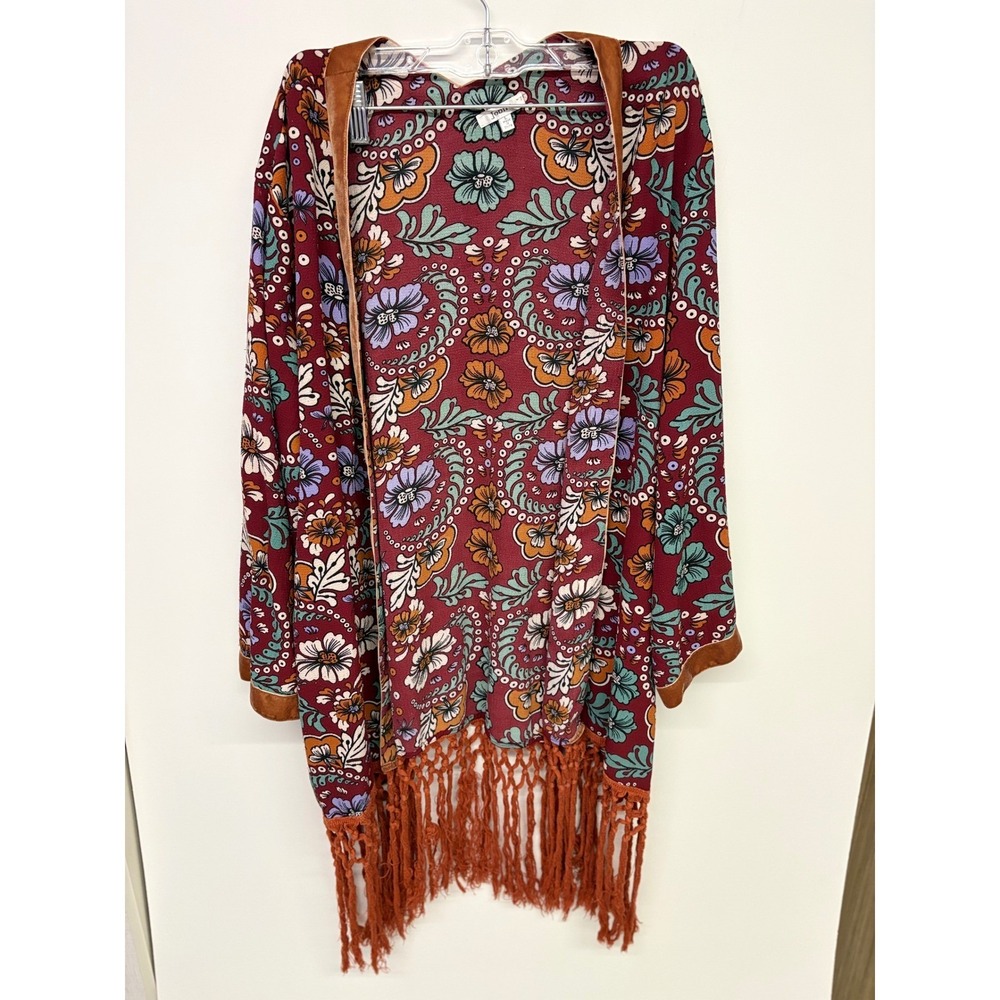 Boho Festival Kimono Cardigan Floral Fringe Velvet Trim Jodifl L Hippie 70s